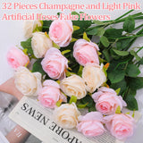 32 Pcs Champagne Pink Artificial Flowers Roses Fake, Silk Flowers With Stems For Diy Wedding Gothic Bridal Shower Centerpieces Arrangements Tables Decorations