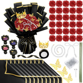 196 Pcs Diy Glitter Roses Bouquet Artificial Flower Bouquet Kit Birthday Gifts Flower Wrapping Paper 3D Butterflies Crowns For Valentine'S Day Wedding Anniversary(Red)