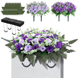 Artificial Cemetery Flower Saddles For Graves – 10 Pcs Silk Fern & 40 Realistic Rose Blossoms With Metal Headstone Holder –Resistant Memorial Flowers For Tombstone Decor (Purple)
