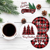 Merry Christmas Coasters Set Of 4 Red Black Buffalo Plaids Drink Coaster Xmas Tree Truck Reindeer Absorbent Ceramic Coaster Holiday Cup Mat For Mugs Cups Home Kitchen Office Party Table Decor