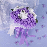 , Wedding Bouquets Flower Bridal Bridesmaid Pearl Silk Artificial Rose For Bride Party And Church (Purple)