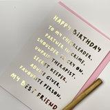 Old English Co. Cute Birthday Card For Best Friend - Unpaid Therapist, Partner In Crime, Shoulder To Cry On - Thank You Happy Birthday Greeting Card For Bff Bestie | Blank Inside With Envelope