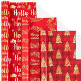 Red Gold Christmas Wrapping Paper Mini Roll, Christmas Tree Buffalo Plaid, Holly Jolly, Wreath Metallic Foil Holiday Gift Wrap, Arts Craft, For Xmas Winter Party, 17 X 120 Inches, 3 Rolls