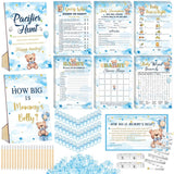 424 Pcs Blue Bear Baby Shower Games Supplies, 6 Sets 300 Activities Cards 1 Pacifier Hunt Sign 50 Acrylic Pacifiers 1 How Big Is Mommy'S Belly Sign 50 Guessing Card 2 Tapes 20 Pencils