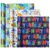 Dinosaur Birthday Wrapping Paper Roll - Mini Roll - 3 Rolls - 17 Inch X 120 Inch Per Roll - Happy Bday Wrapping Paper For Kids Boys Birthday, Baby Shower, Dinosaur Lover