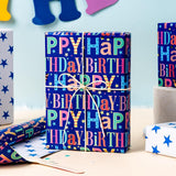 Blue Birthday Wrapping Paper Roll - Colorful Happy Birthday Letters With Metallic Foil Shine & Stars Reversible Gift Wrap For Boys Baby Shower, Party - Mini Roll - 17 Inch X 16.5 Feet