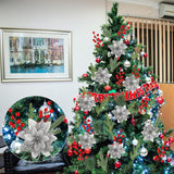 12 Pcs Poinsettia Flower Artificial Silver Christmas Flowers Artificial 5.5'' Glitter Poinsettias Artificial Christmas Tree Flower With Clips Diy Xmas Wreath Holiday New Year Home Party Decor