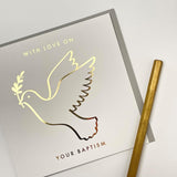 Old English Co. Gold Foil Dove Baptism Card For Him Or Her - Thoughtful Baptism Day Card For Boy Or Girl - Religious Faith Special Day Greeting Card For Family | Blank Inside With Envelope
