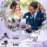 20 Pcs Wedding Corsage And Boutonniere Set Homecoming Artificial Corsage Wristlet And Boutonniere For Men Women Bride Bridesmaid Wedding Flowers Accessories Prom Suit Decorations (Purple)