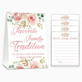 Baby Shower Game Set, Favorite Family Tradition, Floral Party Games(1 Standing Sign + 20 Note Cards), Blush Pink Baby Shower/Gender Reveal Party/Bridal Shower/Wedding Favor Decorations(A02)