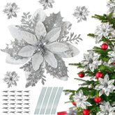 18 Pcs Poinsettia Flowers Artificial Christmas Decorations,Artificial Silver Poinsettia Flowers For Christmas Tree,Fake Glitter Poinsettias 5.5" With Stems Clips For Outdoor Home Decor(Silver)