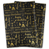 Large Black Gold Birthday Tissue Paper, 20" X 28", Black With Gold Happy Birthday Design For Gift Bags, 30 Sheets