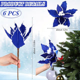 6 Pcs Royal Blue Christmas Poinsettia Flowers Artificial Large Poinsettia Picks Faux Frost Edged Flannel Flowers For Christmas Tree Ornament Holiday Decorations