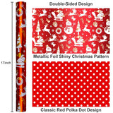 Reversible Christmas Wrapping Paper, Red Wrapping Paper, Metallic Foil Elegant Santa Sleigh, Snowman & Deer Design Christmas Gift Wrap For Holiday, New Year (Mini Roll, 17 Inch X 33 Feet)