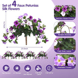 Artificial Flowers For Outdoors With 120 Blooms, Faux Silk Flowers For Outside, Uv Resistant Fake Petunias Plants For Hanging Baskets Fence Patio Balcony Garden Cemetery (Purple 4 Packs)