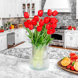20 Pcs Real Touch Artificial Tulips With Vase, Large Faux Flower Arrangement In Heavy Fluted Glass, Bouquet For Dining Table Centerpiece, Home Office, Spring Decor, Set With Dust Bag (Red)