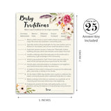 Bohemian Theme Baby Shower Games — Boho Baby Traditions Around The World Game — Pack Of 25 — Fun Facts Trivia Pink Floral Feather Girl Co-Ed Couples Shower Activity Gender Reveal Party G400-Btw
