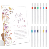 13 Pcs Late Night Diapers Baby Shower Games, Include Wood Sign And 12 Pens, Gender Reveal Games, Baby Shower Games Table Sign, Flower Decorations, Newborn Announcement Party Decor Supplies