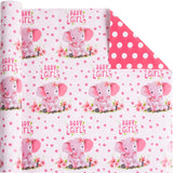 Reversible Baby Girl Wrapping Paper For Kids Girls - Pink Elephant Truck & Polka Dot - Cute Animals Patterns For Birthday Baby Shower New Baby Party Decoration (Pink, 17 Inch X 33 Feet)