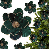 12 Pcs Christmas Velvet Poinsettia Flowers Ornaments, Glitter Artificial Magnolia For Xmas Tree Decorations (Dark Green, 8.8 Inch)