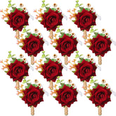 12 Pcs Boutonniere For Men Wedding Flower Boutonniere Rose Corsage Set With Pin For Groom Groomsmen Prom Western Wedding Anniversary Dinner Fall Party Decor(Burgundy)