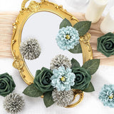 Green Flower Artificial Roses Faux Flowers With Stems Mix Fake Roses Dahlia Chrysanthemum Ball For Wedding Bridal Bouquets, Table Centerpieces, Baby Shower, Party, Home Decorations