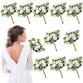10 Pack Bridesmaid Bouquets For Wedding 7 Inch Natural Artificial Flowers Bridesmaid Bouquets Wedding Flowers For Ceremony Anniversary Marriage Centerpieces Decorations(White)