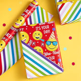 Reversible Funny Birthday Wrapping Paper Roll, Mini Roll, Funny Emoji Party Faces And Red Happy Birthday Design Gift Wrap For Boys Kids, Fun Celebrations, 17 Inches X 16.4 Feet