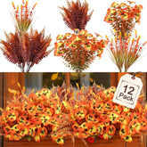 12 Bundle Artificial Mums Artificial Thanksgiving Flowers For Outdoors Fake Silk Bouquet Faux Plants Uv Resistant For Autumn Outside Indoor Boxwood Yard Home Garden Patio Decor (Orange)