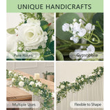 5.91Ft Artificial Eucalyptus Garland With Flowers, Fake Flower Rose Gypsophila, Faux Floral Greenery Garland For Wedding Spring Home Party Craft Art Table Runner Decor