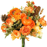 10Pcs Artificial Fall Flowers For Decoration Fall Decor Silk Flowers Bouquet Orange Fake Roses With Pumpkin Silk Autumn Floral Arrangements For Home Table Centerpieces Thanksgiving Decor
