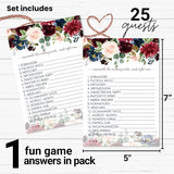 Blue Floral Bridal Shower Games - 25 Cards - Wedding Word Scramble Game - Fun Guessing Activity For Guests - Engagement Parties & Rehearsal Dinners - Burgundy And Gold Greenery Design