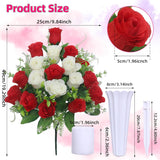 Set Of 2 Artificial Cemetery Flowers, Grave Memorial Flowers With Vase, Outdoor Grave Decorations Roses For Cemetery Headstones Decoration (Red White)
