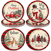 100 Pcs Christmas Paper Plates Disposable 9 Inch Black And Red Plaid Snowman Dinner Round Plates For Xmas Holiday Birthday Party Table Decor