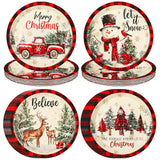 100 Pcs Christmas Paper Plates Disposable 9 Inch Black And Red Plaid Snowman Dinner Round Plates For Xmas Holiday Birthday Party Table Decor