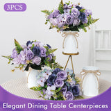 Dining Table Centerpiece Sets 3 Artificial Rose Bouquet With Vase - Farmhouse 6 Pcs Silk Flowers And 3 Pcs Metal Pot Small Faux Floral Arrangements For Wedding Party Home Kitchen Bathroom Décor, Lilac