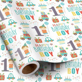 Happy 1St Birthday Wrapping Paper Roll For Boys, Mini Roll, Blue Cute Boy, Gift, Car And Cake Pattern Gift Wrap Paper For Birthday Party And More, 17 Inches X 16.4 Feet, 1 Year Old