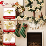 24 Pcs Christmas Artificial Poinsettia Flowers, 5.9" Glitter Artificial Christmas Flowers With Clips For Christmas Tree Diy Wreath Party New Year Decor (Gold)