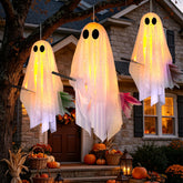3 Pack Halloween Decorations Outdoor, Hanging Light Up Ghosts on Brooms, Flying Ghost Family Decor with Gauze, Lighted Halloween Ghost Decorations for Tree Porch Yard Patio Indoor Halloween Decoration