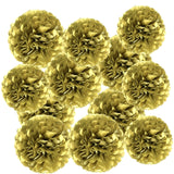 Gold Paper Pom Poms - Party Tissue Paper Flowers Balls - Party Hanging Decoration Supplies - Size of 10inch, 12inch, Great for Wedding, Birthday, Any Parties and Events (12 PCS)