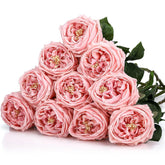 10Pcs Real Touch Peonies Artificial Flowers, Faux Austin Rose With Long Stem Look Real Fake Flower For Christmas Valentines Arrangement Wedding Party Home Kitchen Decor(Pink)