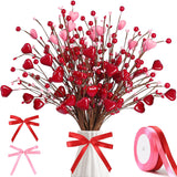 Valentine’S Day Gifts 12 Pcs Heart Shaped Berry Picks Artificial Red Heart Berry Twig Stem Branches With 2 Rolls Of Ribbon Pink Pips For Valentine’S Day Anniversary Flower Bouquets Wedding Home Decor