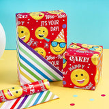Reversible Funny Birthday Wrapping Paper Roll, Mini Roll, Funny Emoji Party Faces And Red Happy Birthday Design Gift Wrap For Boys Kids, Fun Celebrations, 17 Inches X 16.4 Feet