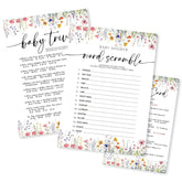Wild Floral Baby Shower Game - Word Scramble,Baby Trivia-2 Games, 30 Pcs Double Sided Theme Game Cards With 1 Answer Card For Boy Girl, Gender Reveal Games, Baby Shower Favor And Decorations - A06