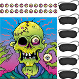 Pin The Eyeball On The Zombie Halloween Party Game, Zombie Game Poster With 24 Pieces Zombie Eyeballs Stickers And 6 Pieces Black Eye Mask