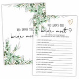 Bridal Shower Party Games, Who Knows The Bride Most, 25 Reusable Wedding Party Game Cards, 5" X 7" Modern Design, Adults 18+