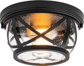 2 Light Black Farmhouse Ceiling Light with Seeded Glass Flush Mount Fixture