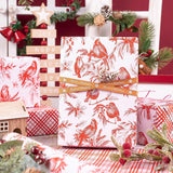 Reversible Christmas Wrapping Paper Roll, Mini Roll, Vintage Red Botanical Bird And Pinecone Design, Red White Plaid Pattern Gift Wrap Paper For Elegant Holiday Gifts, 17 Inches X 32.8 Feet