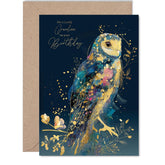 Gold Grandma Birthday Card - Luxury Wisdom Owl - Happy Birthday Card For Grandma From Grandson Granddaughter, 5X7 Inch Golden Fantasy Nature Chic Bday Greeting Cards