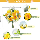 Artificial Flowers, Silk Faux Flowers Yellow Roses Tulips Daisy Chrysanthemums Bouquets, Faux Flowers Arrangement For Home Living Room Party Wedding Offices Bookshelf Decorations (Yellow)